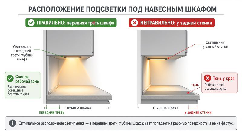 Схема правильного и неправильного расположения подсветки под шкафом