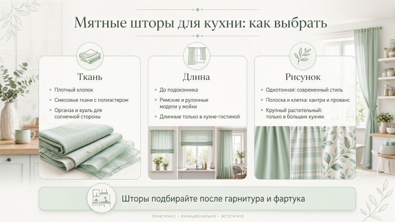 Мятные шторы для кухни: выбор ткани, длины и рисунка