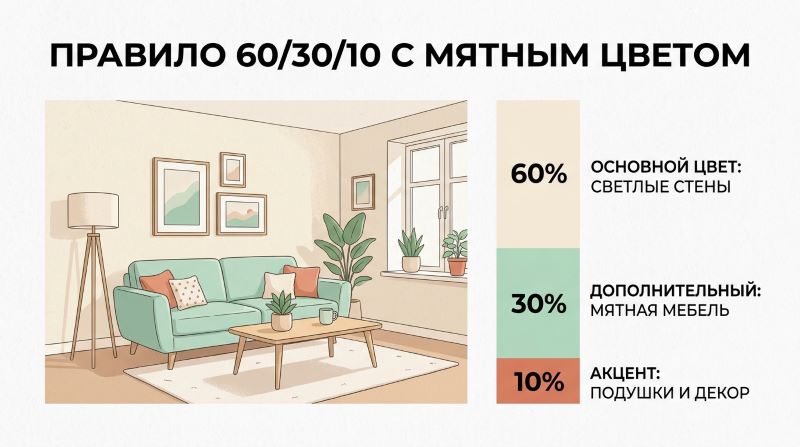 Правило 60/30/10 в интерьере с мятным цветом: схема