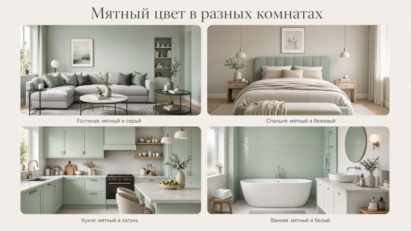 Мятный цвет в интерьере разных комнат: 4 примера