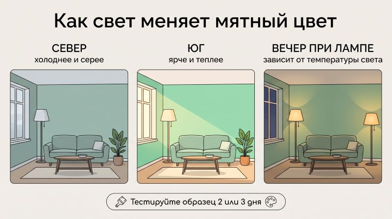 Как свет меняет мятный цвет в интерьере: север, юг, вечер