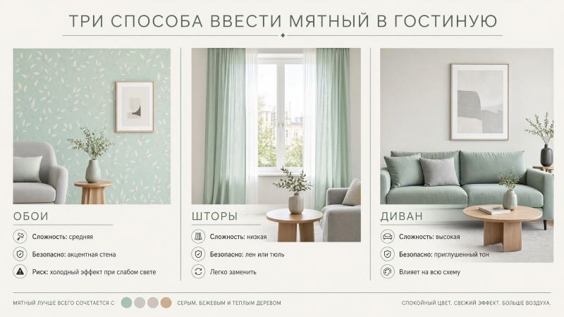 Три способа ввести мятный цвет в гостиную: обои, шторы, диван