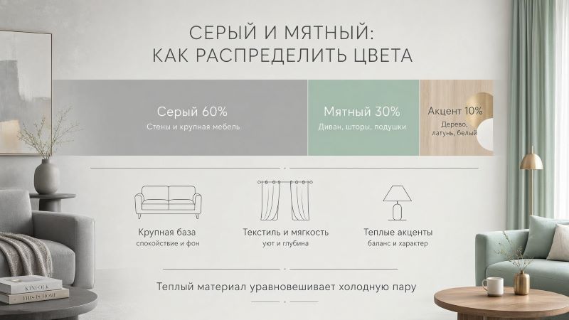 Пропорции серого и мятного цвета в интерьере гостиной