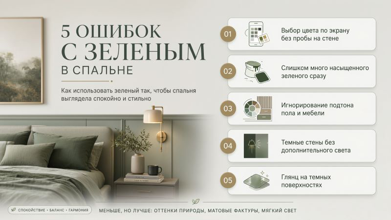5 ошибок с зеленым цветом в спальне: инфографика