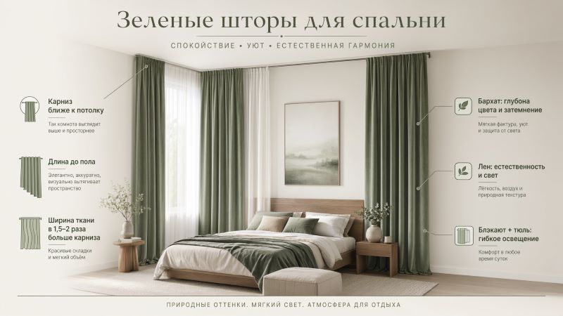 Зеленые шторы для спальни: выбор ткани и длины