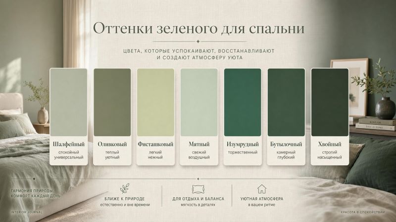 Оттенки зеленого для спальни: палитра из 7 цветов