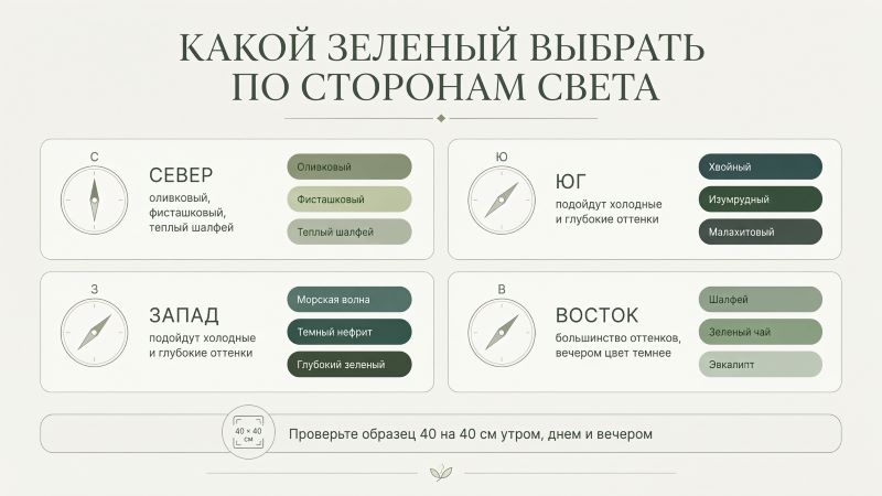 Какой зеленый выбрать для спальни по сторонам света